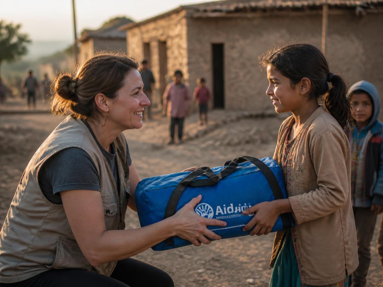 Aid worker delivering a relief kit to a child in a rural community